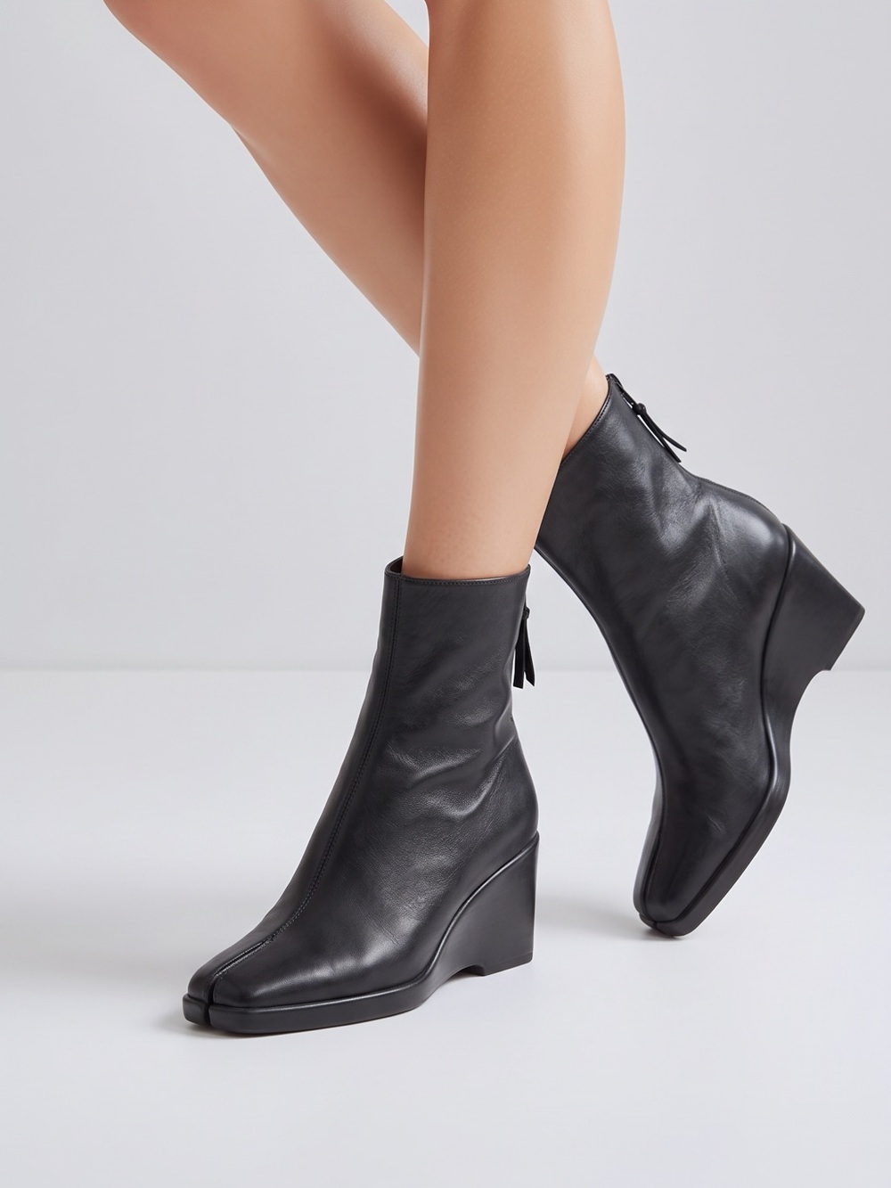 vintage 90s Stuart Weitzman black leather Y2K square toed wedge ankle boots